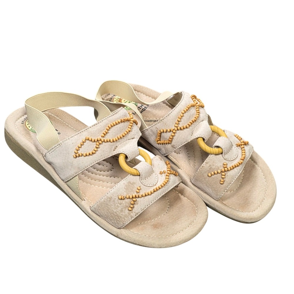 Earth Shoe Nile WW Slingback Sandals Women's Size 8.5 Beige Leather Beaded